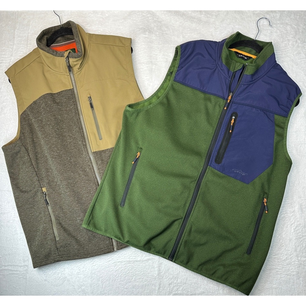 Orvis Full Zip Fleece Lined Vest Men XL Green Brown Wool Blend 2 Pack
